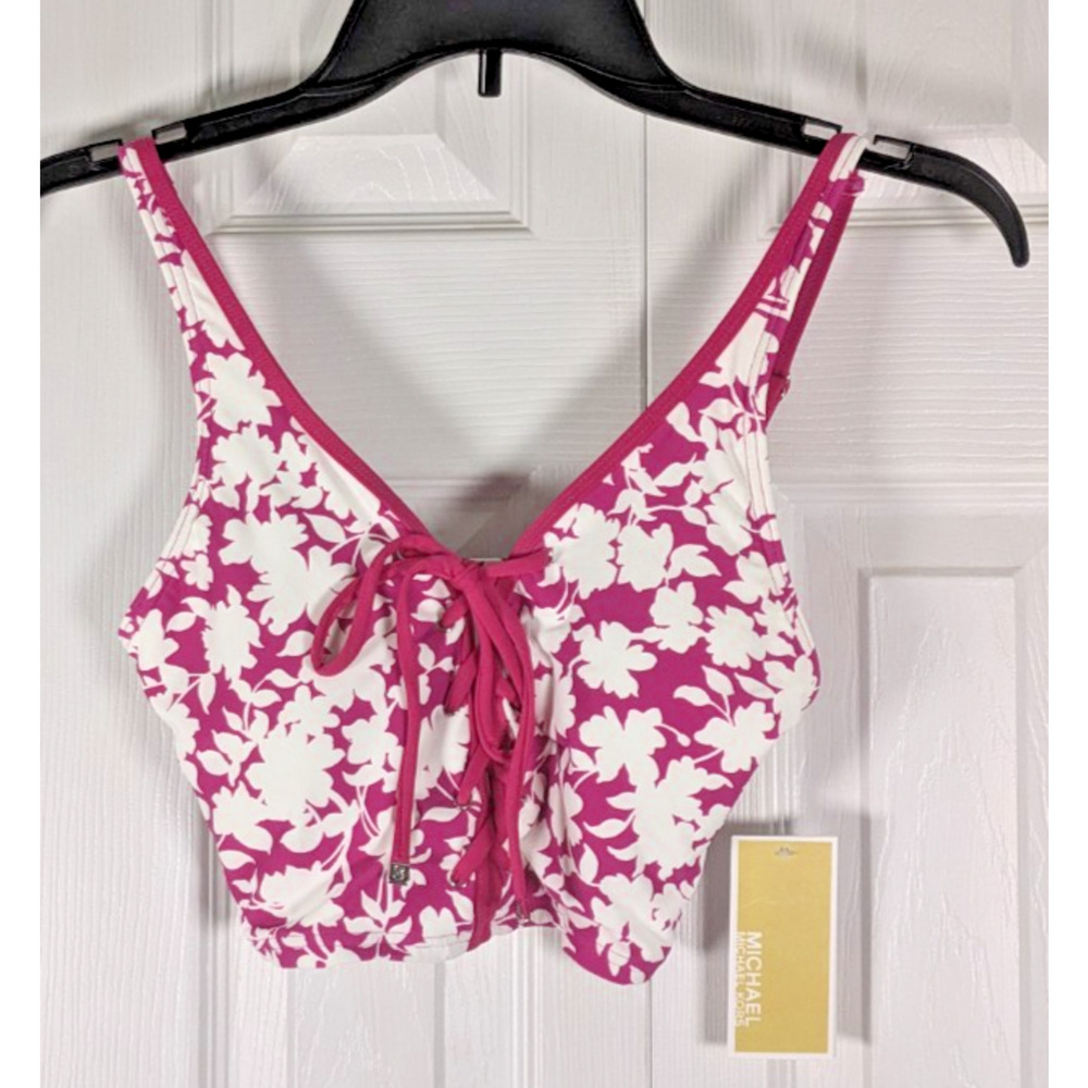 NWT Michael Kors Womens Bikini Top Printed Floral Lace-Up V-Neck Pink XS